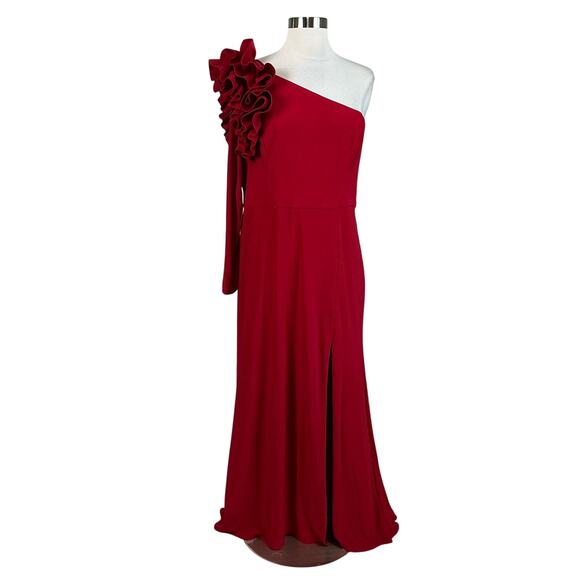 XSCAPE Women's Formal Dress Size 12P Red One Shoulder Long Sleeve Evening Gown - Picture 1 of 13